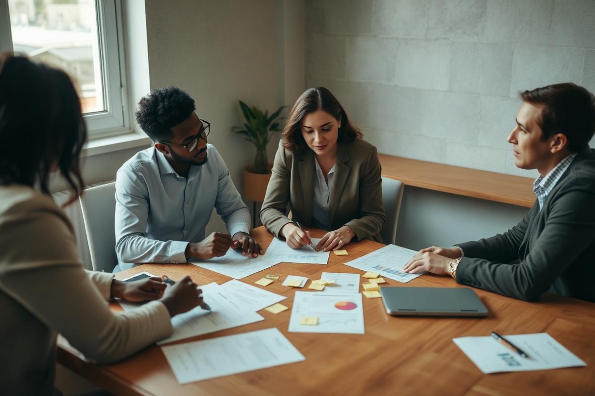 Three colleagues working through priorities at a wooden meeting table.