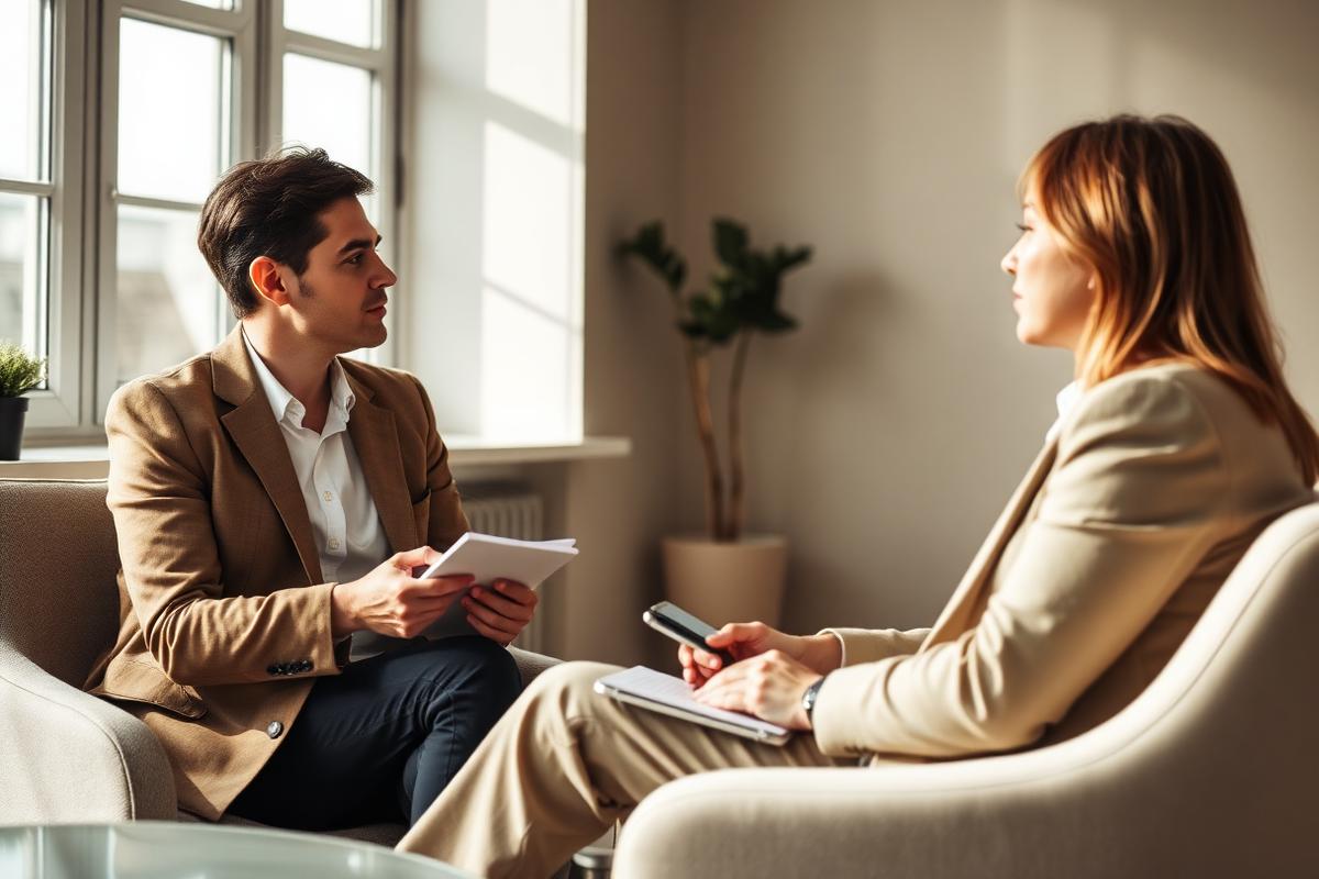 Two professionals in a calm one-to-one leadership coaching conversation.