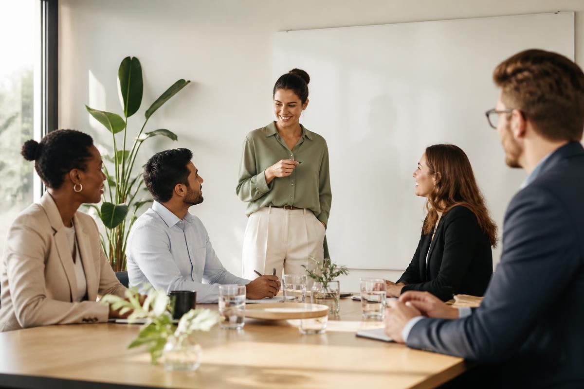 A facilitator guiding a small group conversation around a shared table.